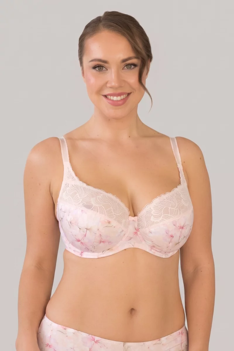Poolpolsterdatud küljetoega rinnahoidja lillemustriga. Värv: roosa
