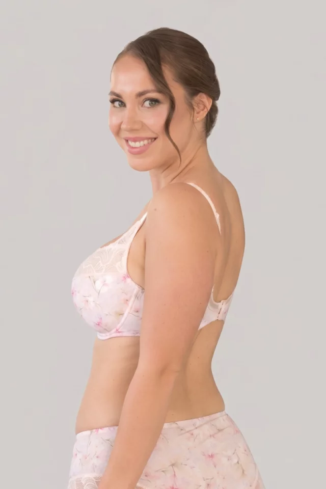 Semi-Padded Side Support Bra with Floral Print. Color: pink